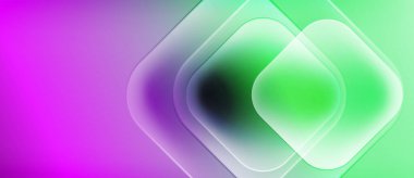 Soyut gradyanlar mor, yeşil renkleri harmanlarlar. Üst üste binen kareler bulanık, parlak bir etki yaratır. Yumuşak ışık merkezden yayılıyor.