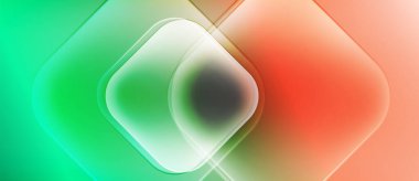 Soyut kompozisyon. Üst üste binen kareler yeşil, beyaz ve turuncu renkleri harmanlıyor. Yumuşak eğimler ışık efekti yaratır. Modern tasarım.