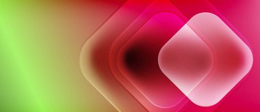 Soyut eğim arkaplanı. Üst üste binen kareler derinlik yaratır, yeşilden kırmızıya geçiş yaparlar. Pürüzsüz renk karışımları kompozisyona hakim.