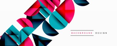 Soyut geometrik şekiller örtüşür, dinamik bileşim yaratır. Pembe, deniz mavisi, siyah renkler beyaz arkaplana hakim. Modern tasarım ögesi.