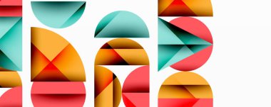 Soyut geometrik şekiller, canlı renkler, modern tasarım. Kompozisyonda üst üste binen yarı daireler, üçgenler, dikdörtgenler var. Temiz estetik.