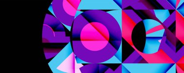 Soyut geometrik tasarım. Canlı renkler, üçgenler, daireler dinamik bileşim yaratır. Modern, şık görsel element.