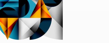 Soyut geometrik şekiller örtüşür, dinamik bileşim yaratır. Mavi, turuncu, gri tonlar tasarımda baskın. Modern estetik.