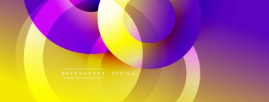 Soyut, enerjik daireler çakışıyor ve dinamik bir değişim etkisi yaratıyor. Sarılar, morlar pürüzsüz karışıyor. Arka planlar için modern tasarım ögesi.