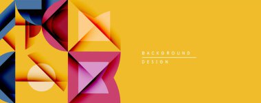 Soyut geometrik bileşim. Üst üste binen şekiller, dinamik görsel ilgi yaratır. Sıcak sarı arkaplan tasarım elementleri içindeki serin tonlara zıt düşer. Modern, minimalist estetik.