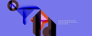 Soyut geometrik şekiller örtüşür, dinamik bileşim yaratır. Mavi, kırmızı, mor renkler lavanta arka planına hakim. Arka planlar için modern tasarım ögesi.