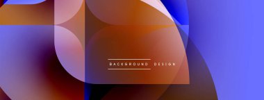 Soyut geometrik şekiller çakışıyor. Renkler mor, mavi, turuncu. Modern tasarım dinamik görsel efekt yaratır. Minimalist stil.