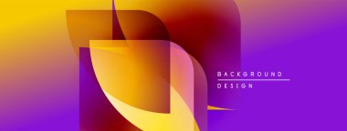 Soyut gradyan şekiller çakışıyor, dinamik görsel etki yaratıyor. Mor, turuncu, sarı renkler kompozisyona hakim. Metin arkaplan tasarımı okur.