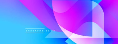 Soyut arkaplan parlak mavi, mor renkler içerir. Üst üste binen şekiller dinamik görsel efekt yaratır. Modern tasarım elemanları.