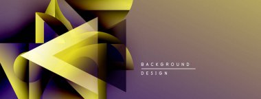 Soyut geometrik şekiller, altın, mor renkler. Gradyan arka plan modern görsel etki yaratır. Tasarım elementleri derinlik ve dinamizm öneriyor.