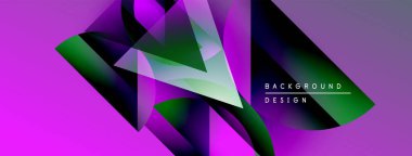 Soyut geometrik tasarım. Canlı mor, yeşil renkler harmanlanmış. Modern arkaplan, dinamik kompozisyon, şık sunum.