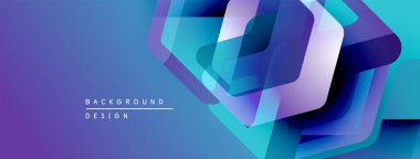 Soyut geometrik şekiller örtüşür, parlak mavi ve mor renkler yaratır. Modern tasarım elementleri derinlik, hareket, görsel ilgi.