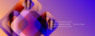Soyut geometrik şekiller örtüşür, canlı bir değişim etkisi yaratır. Mor, turuncu, mavi renkler kompozisyona hakim. Modern tasarım ögesi.