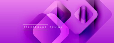 Soyut geometrik şekiller örtüşür, canlı mor gradyan arkaplan oluşturur. Modern tasarım elementleri teknoloji ve yenilik öneriyor.