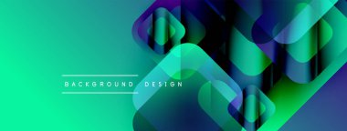 Soyut geometrik şekiller örtüşür, canlı gradyanlar yaratır. Turkuaz, mavi, mor renkler tasarımda baskın. Modern estetik.
