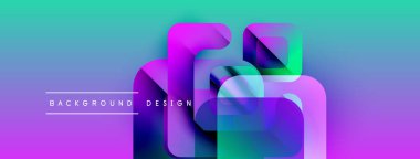Soyut geometrik şekiller örtüşür, canlı bir gradyan arkaplan oluşturur. Mor, mavi, turkuaz renkler tasarımda baskın. Metin arkaplan tasarımı okur.