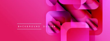 Soyut pembe dizayn özellikleri üst üste binen kareler, dikdörtgenler. Gradyan gölgeler derinlik yaratır, modern estetik. Metin arkaplan tasarımı okur.