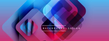 Soyut geometrik şekiller örtüşür, canlı mavi, mor, pembe gradyan oluşturur. Metin arka plan tasarımı okur. Modern görsel kompozisyon.