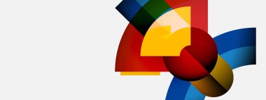 Soyut renkli şekiller örtüşür, dinamik bileşim yaratır. Beyaz arka planda parlak renklerin karşıtlığı. Modern tasarım elemanları.