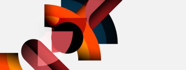 Soyut şekiller örtüşür, dinamik bileşim yaratır. Sıcak renkler baskın gelir, serin tonlarla zıtlaşır. Minimalist tasarım, modern estetik.