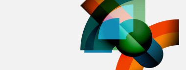 Soyut geometrik şekiller örtüşür, renkli kompozisyon oluşturur. Çemberler, kavisler, segmentler modern tasarıma karışıyor. Minimalist estetik.