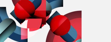 Soyut bileşim kırmızı küreler, mavi şekiller, pembe elementler içerir. Minimalist tasarım, temiz çizgiler, modern estetik. Geometrik formlar tuval üzerinde egemen.