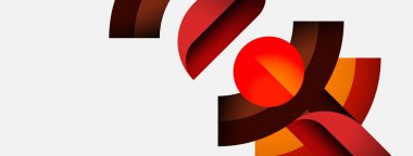 Soyut şekiller, sıcak renkler kompozisyona hakim. Kavisler kesişiyor, dinamik görsel etki yaratıyor. Kırmızı küre odak noktası ekler.