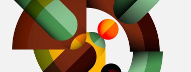 Üst üste binen kıvrımlı şekiller içeren soyut bileşim. Renkler arasında kahverengiler, yeşiller, sarılar, turuncu, siyah. Minimalist tasarım, modern estetik.