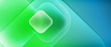 Soyut gradyanlar yeşil, mavi renkleri harmanlarlar. Yuvarlak kareler üst üste binerek katmanlı etki yaratıyor. Parlaklık merkeze doğru artıyor. Minimalist tasarım.