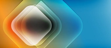 Soyut geometrik şekiller canlı turuncu ve deniz mavisi renklerini harmanlarlar. Katmanlı kareler derinlik yaratır, pürüzsüz eğimler görsel ilgi sunar. Modern tasarım.