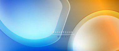 Soyut sıvı şekilleri, mavi, turuncu gradyanlar. Düz eğriler dinamik arkaplan tasarımı yaratır. Minimalist estetik, modern his.