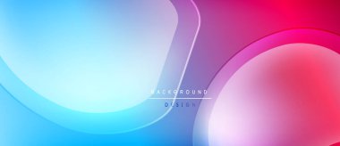 Soyut gradyanlar harmanlanarak akışkan şekiller yaratır. Canlı maviler pembelere dönüşür, mor renkler merkeze hakim olur. Modern tasarım ögesi.
