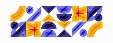 Soyut geometrik şekiller, sarı, mor, mavi. Tekrarlayan desenler modern tasarım yaratır. Minimalist estetik, temiz çizgiler, canlı renkler.