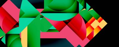 Soyut geometrik bileşim. Şekiller çakışıyor, ok şekli oluşturuyor. Canlı renkler baskın, dinamik görsel deneyim sunuyor.