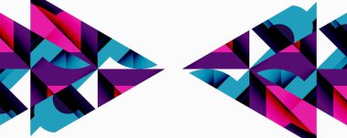 Soyut geometrik şekiller simetrik tasarım yaratır. Canlı pembeler, morlar, maviler keskin açılar, gradyanlar oluşturur. Minimalist tarz, modern estetik.