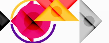 Soyut geometrik bileşim. Şekiller örtüşüyor, dinamik görsel ilgi yaratıyor. Parlak renkler gri pullu elementlerle tezat oluşturur. Modern tasarım.