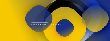 Soyut daireler örtüşüyor, dinamik sarı, mavi gradyanlar yaratıyor. Modern tasarım ince gölgeler ve temiz çizgiler içerir. Arkaplan metni mevcut.