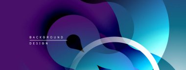 Soyut sıvı şekilleri örtüşür, dinamik mor, mavi gradyanlar yaratır. Eğri çizgileri olan minimalist tasarım, modern estetik..