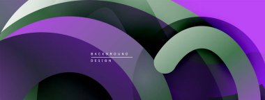 Soyut sıvı şekilleri örtüşür, dinamik mor, yeşil gradyanlar oluşturur. Modern tasarım hareketi çağrıştırıyor, derinliği. Minimalist estetik.