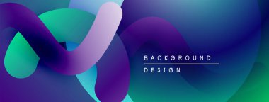 Soyut akışkan şekiller harmanlanır ve canlı gradyanlar oluşturur. Mor, mavi, deniz mavisi renkler dizaynda baskın. Modern estetik.