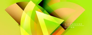 Soyut geometrik şekiller örtüşüyor, canlı yeşil, sarı, turuncu gradyanlar yaratıyor. Modern tasarım enerji, hareket, yenilik öneriyor.