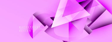 Soyut pembe arkaplan geometrik şekiller, üçgenler, üst üste binen katmanlar içerir. Modern tasarım, canlı renkler, dinamik kompozisyon.