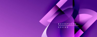 Soyut mor arkaplan. Dinamik şekiller üst üste biniyor, modern tasarım yaratıyor. Gradyan renkler derinlik ve görsel ilgi ekler.