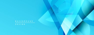Soyut mavi arkaplan tasarımı üst üste binen geometrik şekiller içerir. Gradyan gölgeler modern görsel efektler yaratır. Temiz, basit sunum.