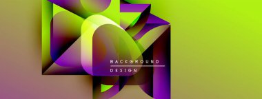 Soyut geometrik şekiller örtüşüyor, canlı renk eğimleri yaratıyor. Sarı, mor, siyah baskın tasarım. Metin arkaplan tasarımı okur.