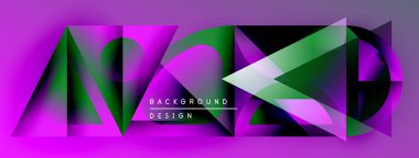 Soyut geometrik tasarım. Canlı renkler, üçgenler, çizgiler dinamik bileşim yaratır. Modern tarz, mor, yeşil renkler egemen.