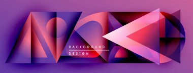 Soyut geometrik şekiller, canlı mor, pembe renkler. Modern tasarım elementleri dinamik görsel etki yaratır. Arkaplan özellikleri katmanlı üçgenler, daireler.