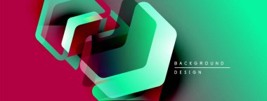 Soyut geometrik şekiller örtüşür, canlı bir gradyan arkaplan oluşturur. Modern tasarım elementleri yenilik ve teknoloji öneriyor.