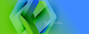 Soyut geometrik katmanlar canlı bir değişim etkisi yaratır. Modern tasarım elementleri derinlik, hareket ve yenilik öneriyor. Mavi, yeşil renkler kompozisyona hakim..