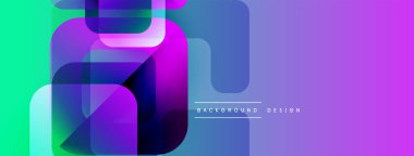 Soyut geometrik şekiller örtüşür, canlı bir gradyan arkaplan oluşturur. Renkler turkuazdan mora dönüşüyor. Modern tasarım ögesi.